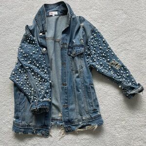 Sunset & spring pearl sleeve denim jacket oversized XS